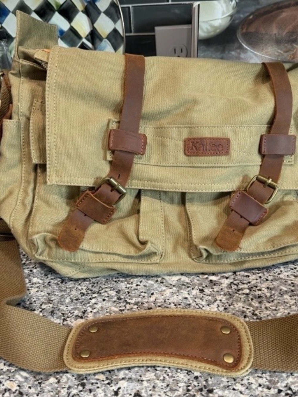 NWT Kellree Khaki Canvas Messenger Bag with Brown Leather Trim